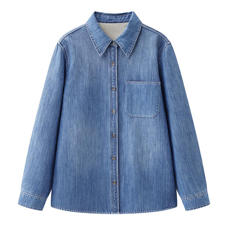 Spring 2026 New Arrival: Lazy Style Velvet-Lined Denim Lapel Shirt with Long Sleeves - Versatile and Casual.