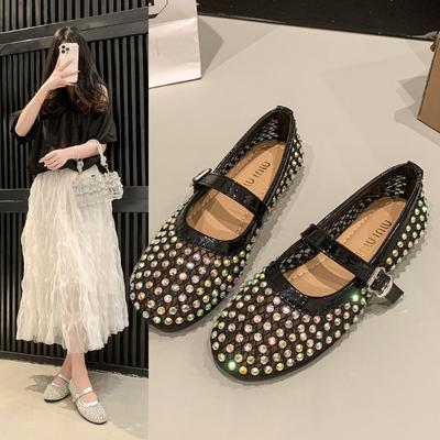 Moda 2025 Malla Transpirable Pedrería Moda Versátil para Mujer Nuevo Estilo de Moda Cinturón Zapatos Mary Jane Planos de Suela Blanda Zapatos para Mujer
