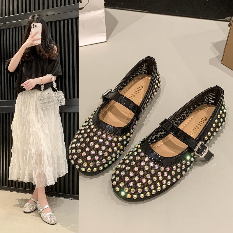 Fashion 2025 Mesh Breathable Rhinestone Fashion Versatile Women's New Fashion Style Belt Flat Soft Soled Mary Jane Shoes Womens Shoes