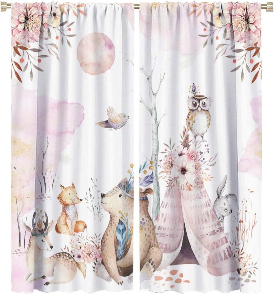 Kids Forest Animal Curtains, Rustic Cute Wild Animal Fox Deer Hedgehog Window Treatments Farmhouse Woodland Window Drapes For
