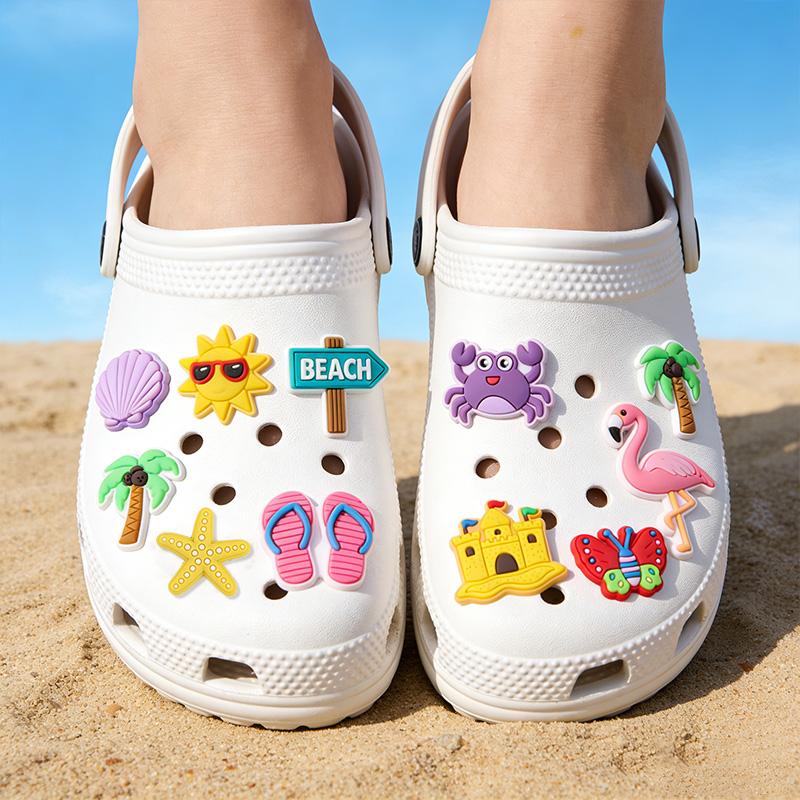 20pcs Summer Beach Theme Shoe Charms Flamingo Coconut Tree Aloha Hawaiian Birthday Party Decoration PVC DIY Shoe Bracelets Gifts