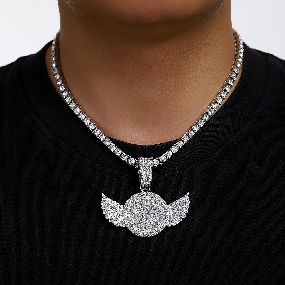 New Creative Full Diamond Wings Alloy Pendant, European and American Trendy Necklace, Hip Hop Cuban Chain Necklace