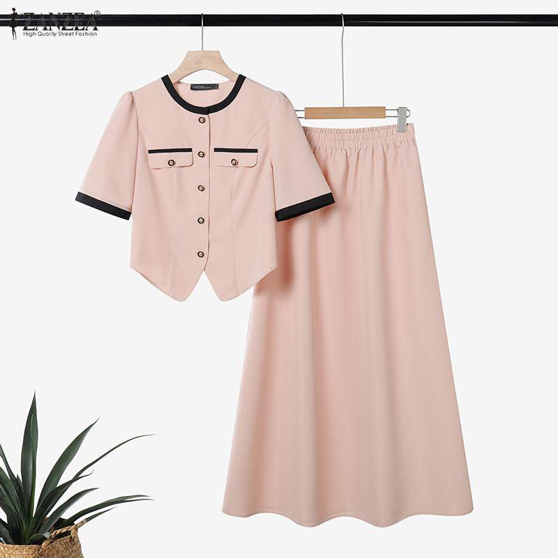 ZANZEA Women Short Sleeve Blouse and Long Skirts Summer Two Piece Suit Sets