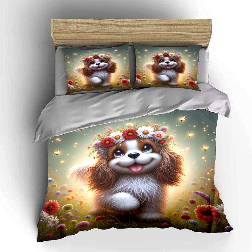 Floral Puppy In Magical Meadow Bedding Duvet Cover Set (1*Duvet Cover 2*Pillowcases, Without Duvet Insert)