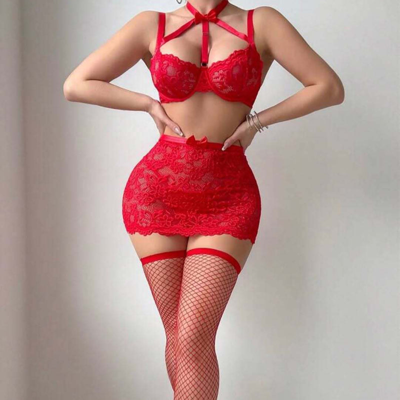 Floral Lace Bow Halter Strapless With Net Stockings Lingerie Set Underwear