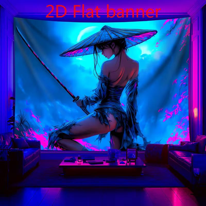 2D Cool Neon Ronin Girl Wall Tapestry, Cyberpunk Aesthetic Decor for Party 47.2x31.5inch/120*80cm