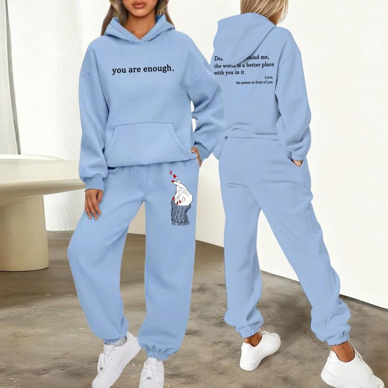 Womens Printed Letter Hooded Sweatshirt Jogger Pants Set Winter Casual Sportswear Outfit