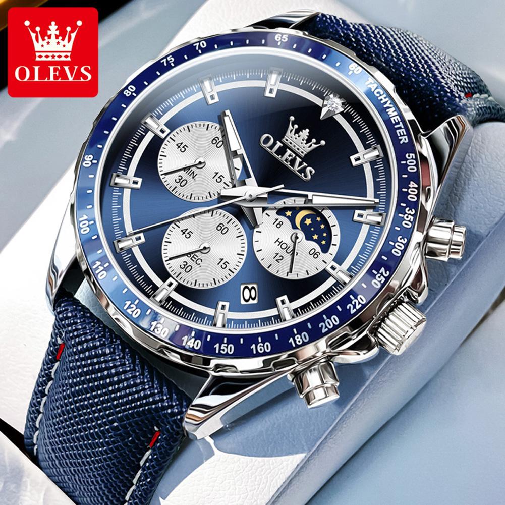 Luxury Quartz Watch for Men Chronograph Moon Phase Waterproof Multifunction Leather Men's Wristwatches