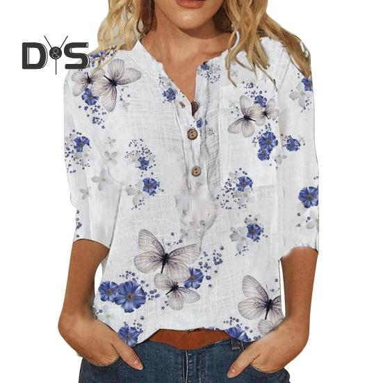 

Женская рубашка с V-образным вырезом, пуговицами, полузастежкой, коротким рукавом, топом, цветочным принтом в виде бабочек, легкая дышащая рубашка XL белый
