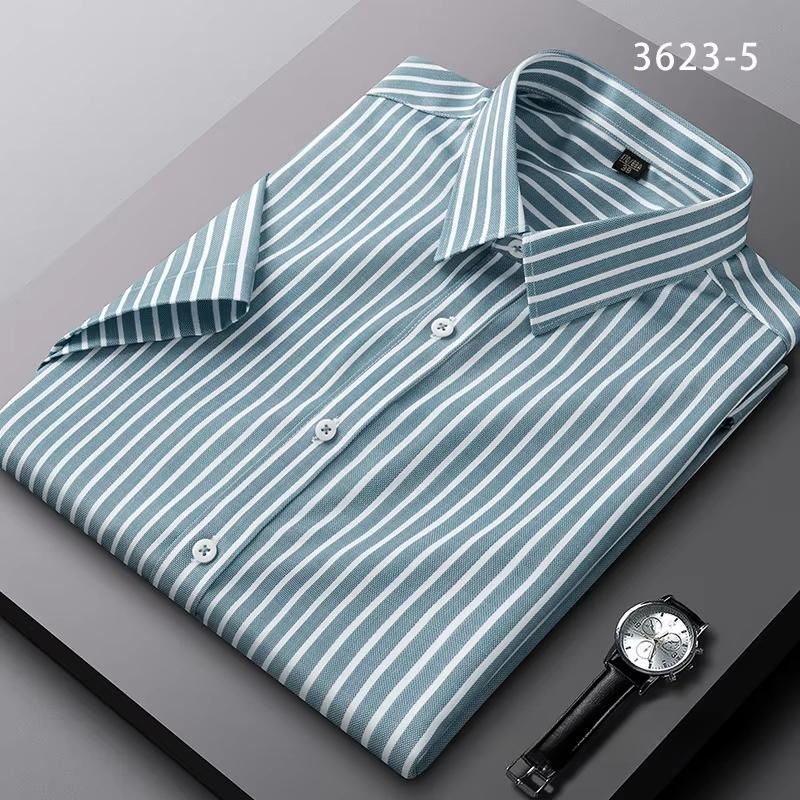 Summer Striped Short Sleeve Shirts for Men Thin Elatic Social Slim Fit Formal Shirt Business Class Fit Casual Easy-care Clothes