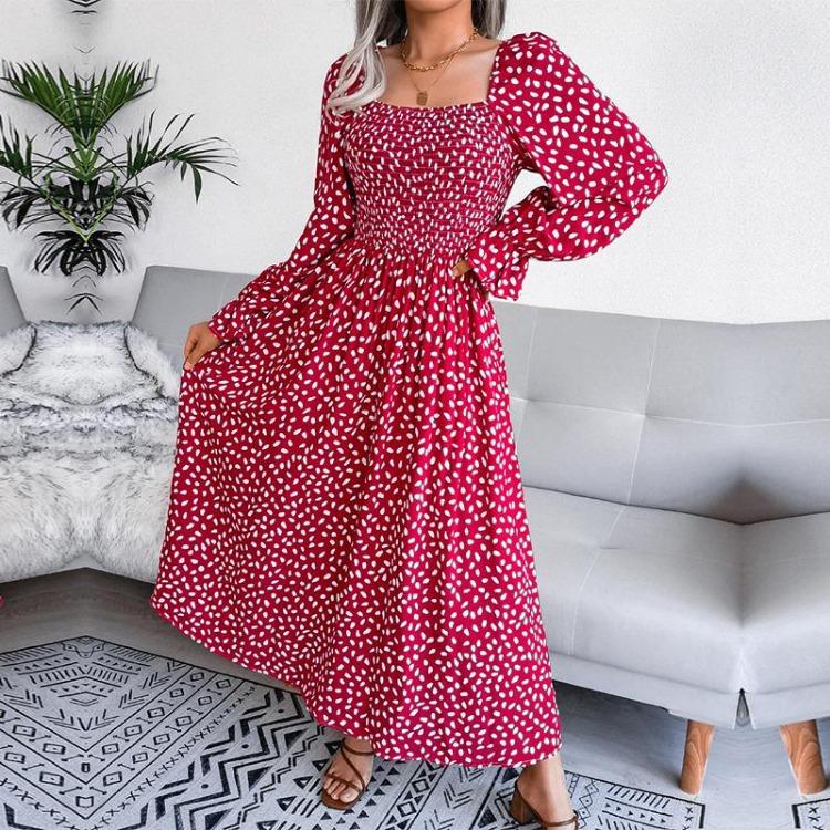 

Long Sleeve Printed Pleated A Line Square Neck Dress Fall Winter Sizes S to XL S красный
