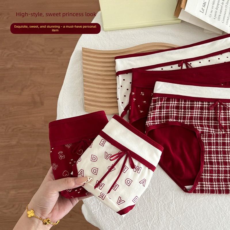 Female Spring and Autumn Pure Cotton Chinese New Year Wedding Happy Red Waist Triangle Underwear