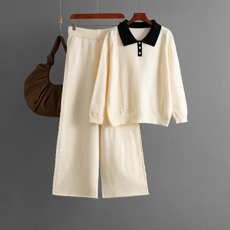 A New Autumn and Winter Fashion Set Featuring Polo Collar, Two-piece Loose Sweater, Casual Pants and Wide-leg Pants