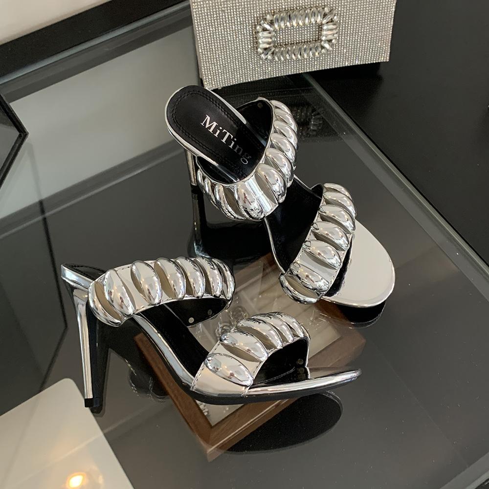 

мода Модные женские тапочки-слайды сексуальные туфли-лодочки для вечеринок тонкие туфли на высоком каблуке черные красные серебряные гладиаторские летние сандалии для платья слипоны для вечеринок 39 7.5 серебряный