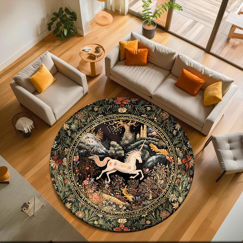 1pc Medieval Unicorn Hunting Round carpet Painted Printed circular carpet, home door mat, outdoor travel protection carpet