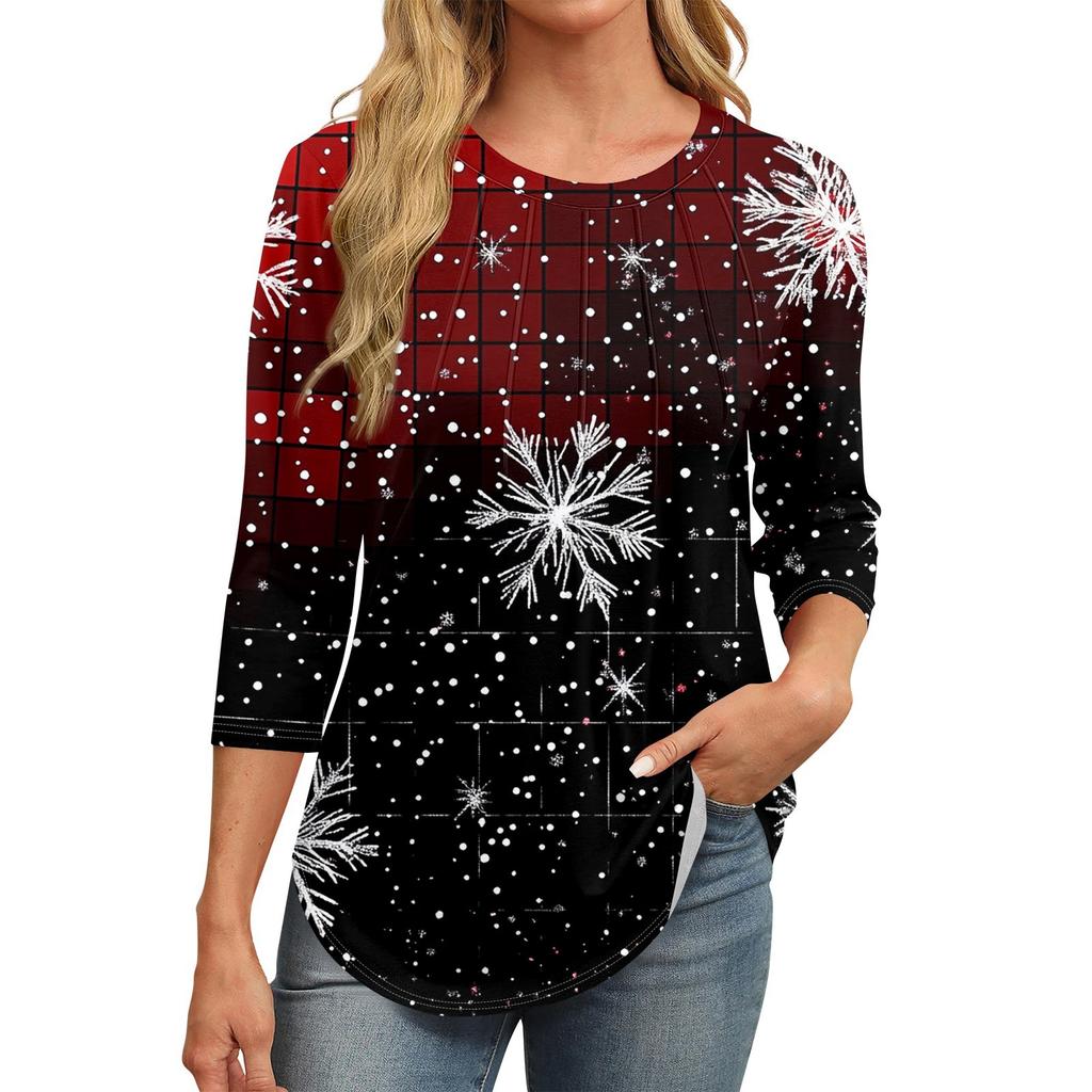 Women's Fashionable Round Neck Seven Quarter Sleeve Retro Printed Casual Basic Pleated T-shirt Top