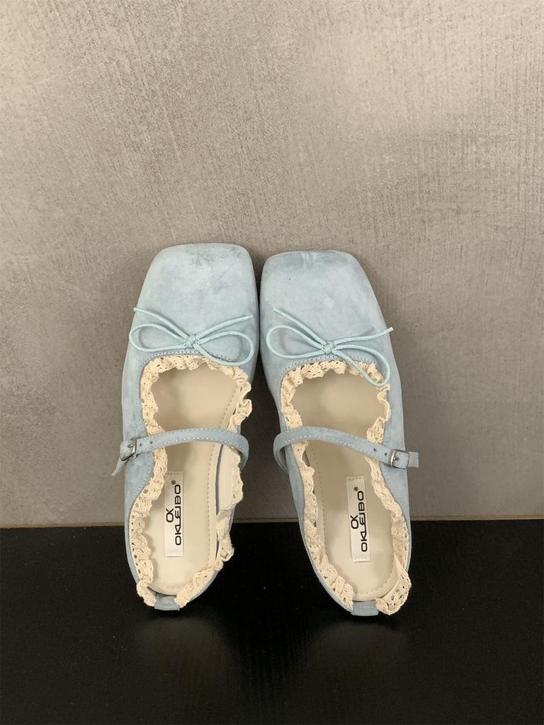 Evening women's shoes gentle flat French Mary Jane half slippers bow single shoes spring and summer retro blue ballet shoes