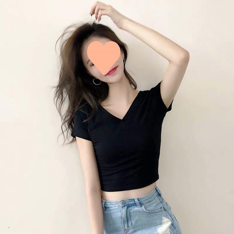 Double V-Neck Sweetheart High-Waist Crop Top - Short-Sleeved, Backless, Casual Versatile T-Shirt