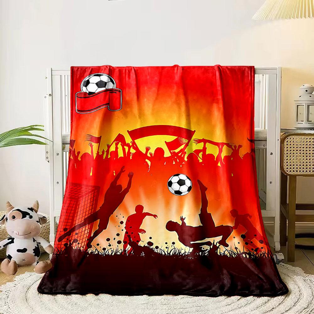 Silhouettes of soccer players and cheering crowd on a vibrant red backdrop. for all seasons blanket lunch break throw gift