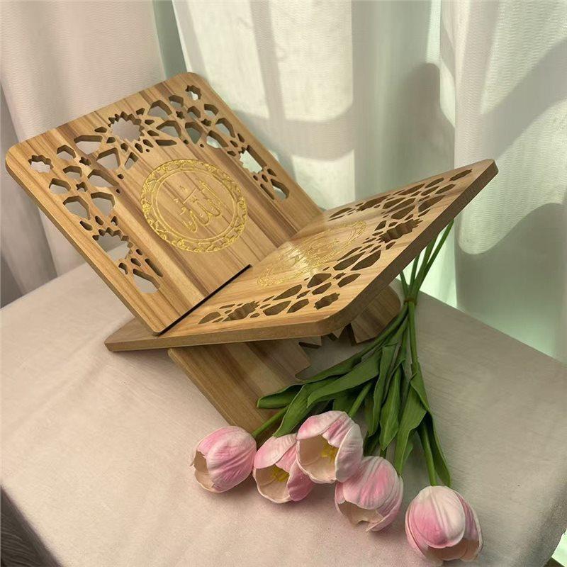 ABGR-Elegant Wooden Quran Holder With Flower Design Hollow Out For Desk Organization Storage