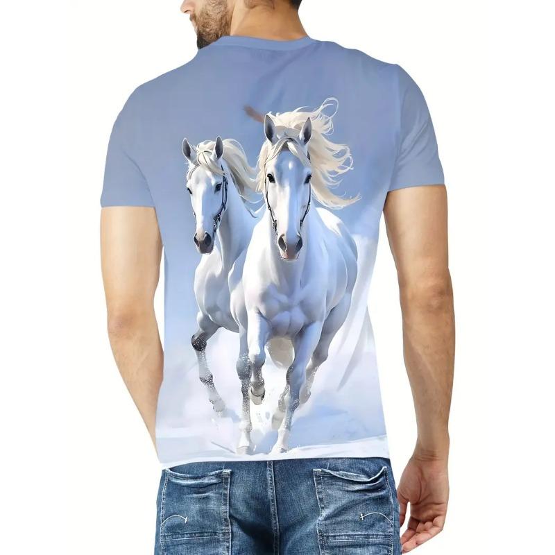Men's 3D Printed White Horse Pattern T-shirt Humorous Digital Printed Short Sleeved T-shirt Breathable Polyester Round Neck Casual