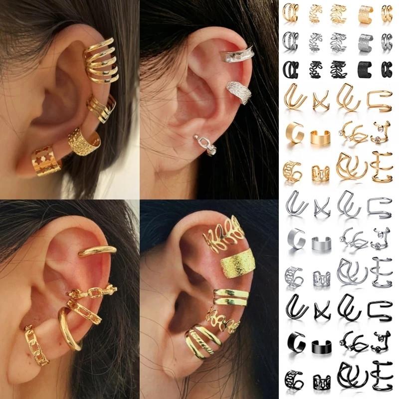 2026 New Gold Silver Color Leaves Clip Earrings for Women Fashion Ear Cuff Non-Piercing Earrings Set Trend Jewelry Gift