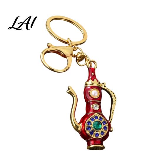Pitcher Key Ring Retro Teapot Keychain with Rhinestones Ethnic Style Vintage Pot Ring Decorative Pendant for Handbags Backpacks Car Keys 3D