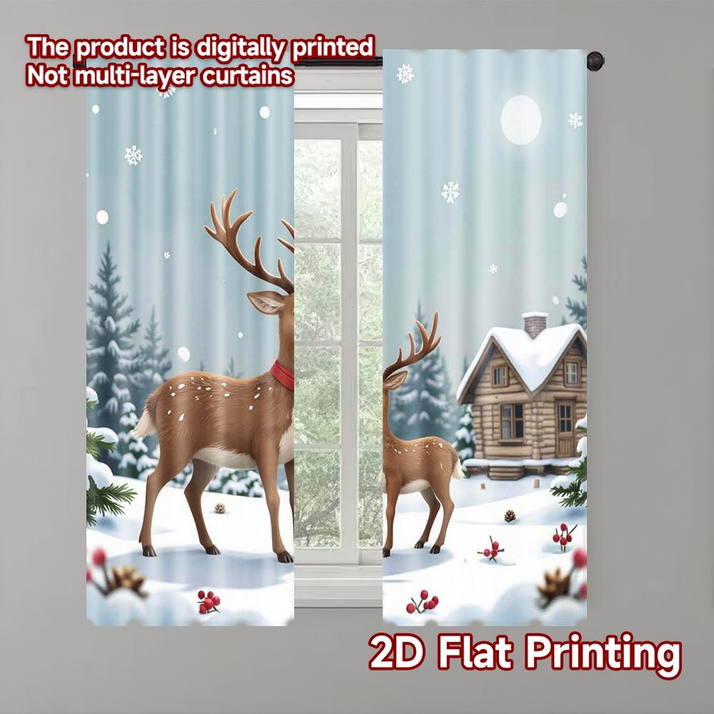 

Set Of 2 Flat Printing Merry Christmas Popular Curtains Hat Funny Animal Wreath Pinecone Red Fruit Winter Nature Curtain Polyester W100*H70(CM)-Hooks&1PCS
