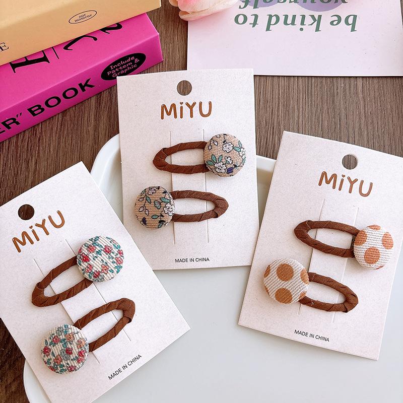 Children's Break Clip Sweet Versatile Girls Fabric Hairpin Korean Milk Coffee Color Floral Button Hairline Baby Hair Accessories