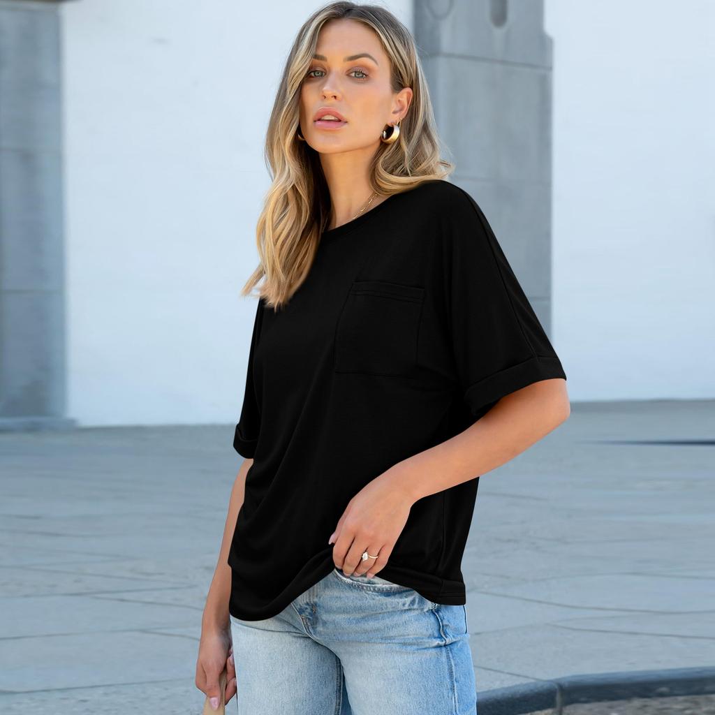 Women Casual Loose Fit Crew Neck Short Sleeve T Shirt with Pocket Comfortable Relaxed Style Lightweight Top for Daily Wear