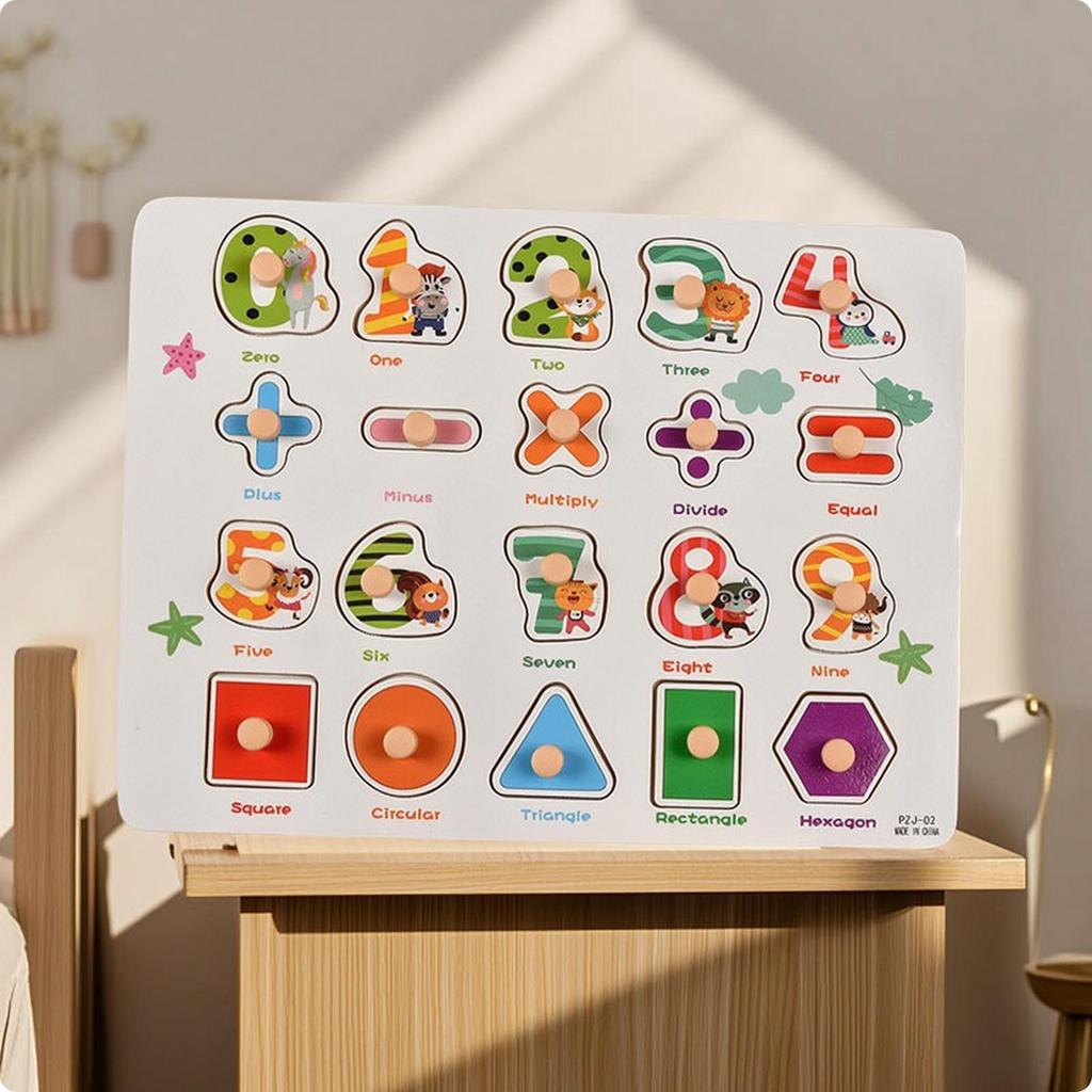 ShapeMatching Panel with Knobs Educational Wooden Peg Puzzle EasyGrasp Toy for Young Children,