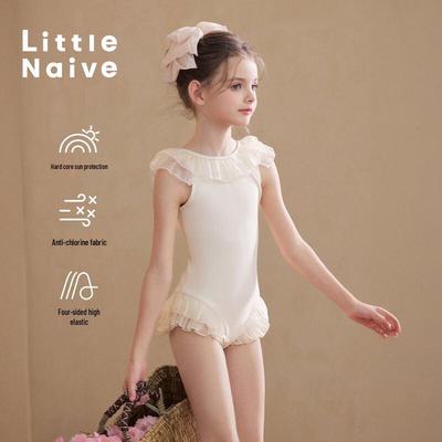 Traje de baño de una pieza con volantes y protección solar para niñas pequeñas de Little Naive