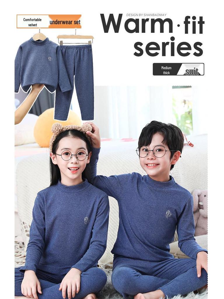 Kids' Medium Collar Warm Double-Sided Brushed Base Layer Set (Autumn Clothing & Pants for Small, Medium, and Large Children)