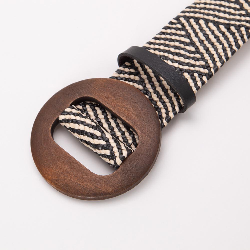 Bohemian Round Wood Buckle Elastic Woven Waist Belt for Women - Summer Dress Accessory