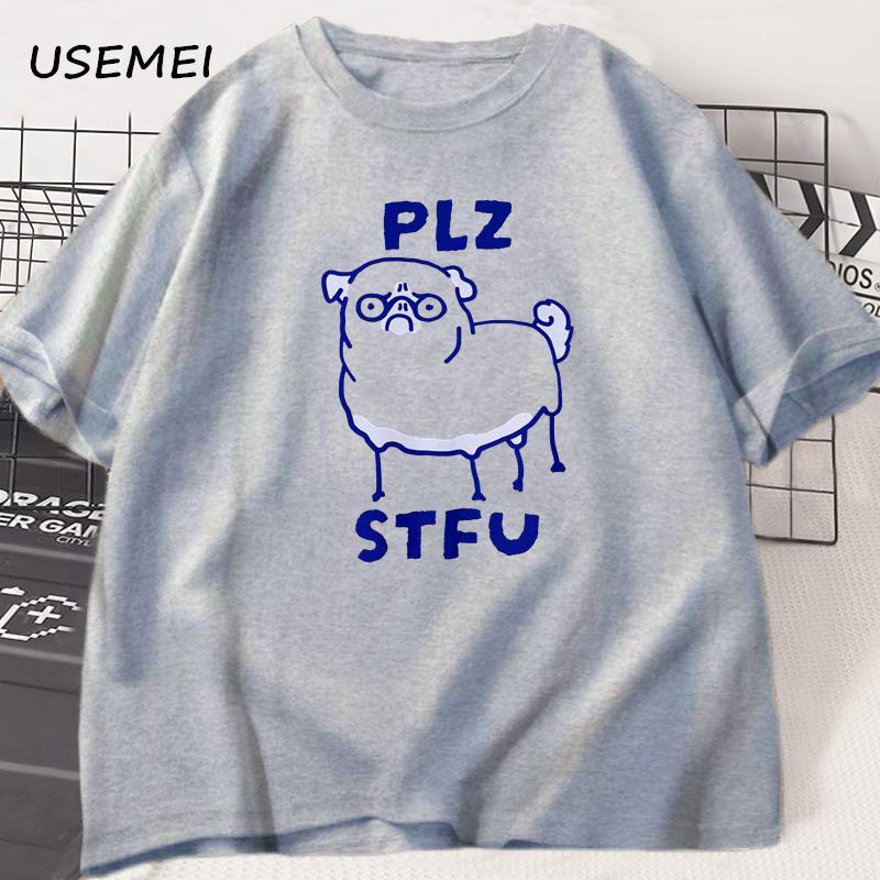 PLZ STFU Pug T Shirt Men Casual Short Sleeve Tee Shirt Meme Funny T-Shirt Vintage Drawing Racoon Animal Tshirt Streetwear Tees