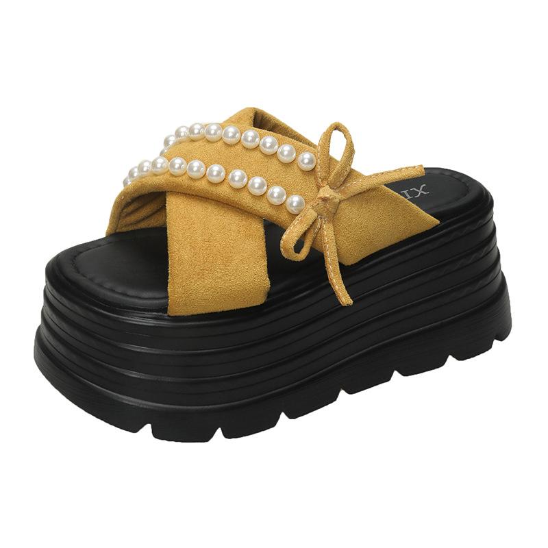 

2025 summer new 8cm heightening thick-soled slippers bow wear cool slippers versatile with skirt one-word drag 40 жёлтый