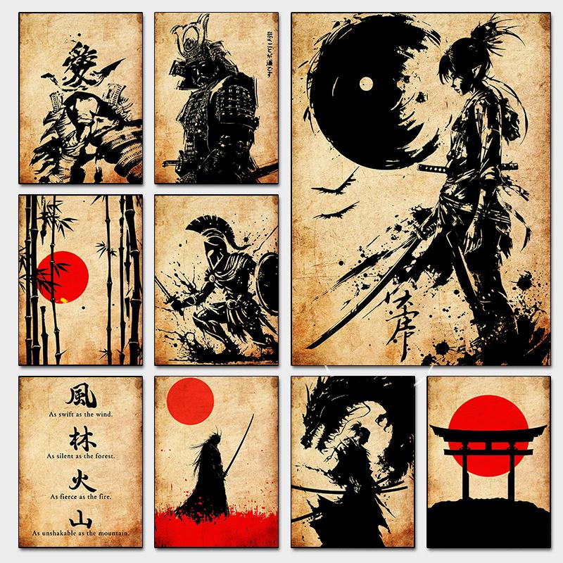 Japanese Silhouette Samurai Art Red Sun Koi Fish Posters Bamboo Modern Prints Canvas Wall Art Pictures Home Living Room Decor