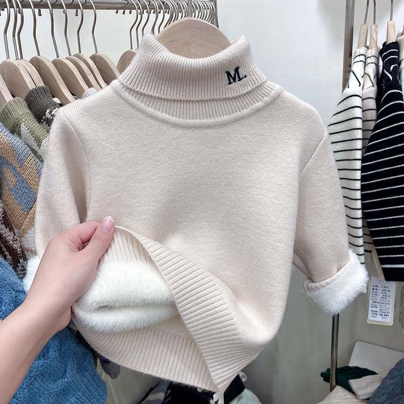 

Детский свитер с высоким воротом и плюшевой основой для малышей, цельный плюшевый утолщенный теплый зимний внутренний топ для девочек 90 бежевый