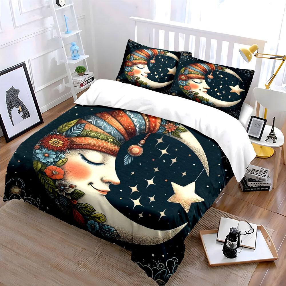 Elaborately Patterned Moon And Stars Printed Duvet Cover Set1 Duvet Cover+2 Pillowcasemulti Size Bedroom Bedding Decor