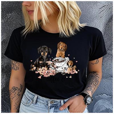 Cotton  Coffee  Dachshund Floral Graphic T Shirt Women Cute Sausage Dog Flower Print Short Sleeve Tee Gift For Coffee Dachs