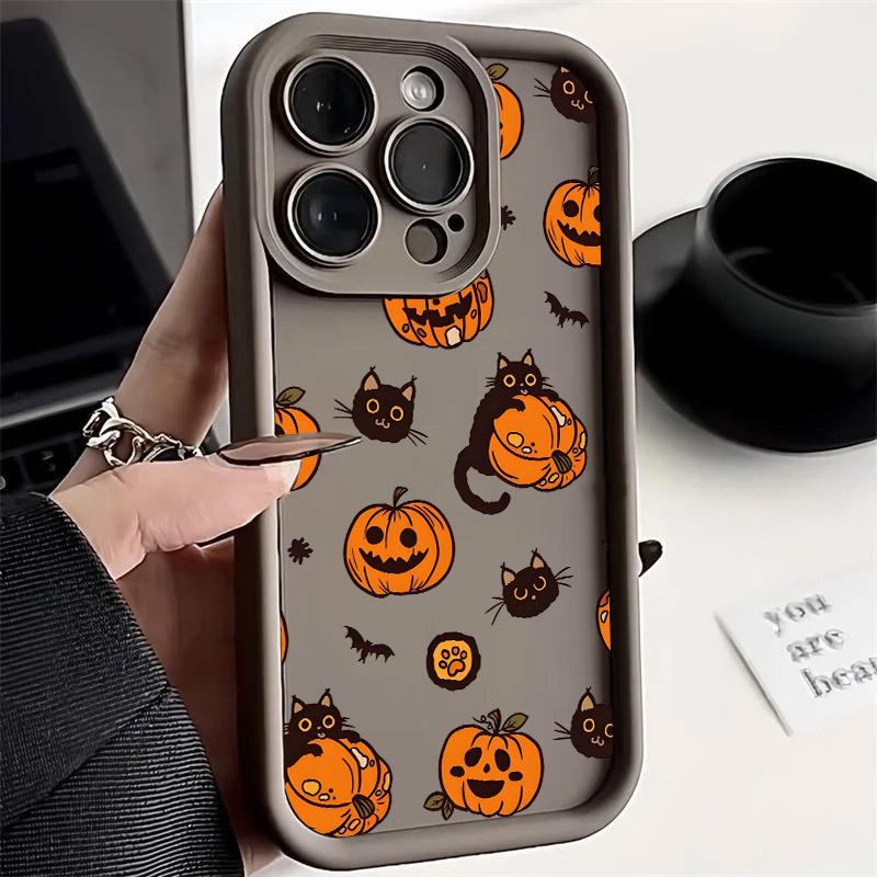 Halloween Cat Pumpkin Bat Silicone Soft TPU Phone Case for iPhone 16 Pro Max 15 Plus 14 13 12 11 17 Air 16E Shockproof Cover