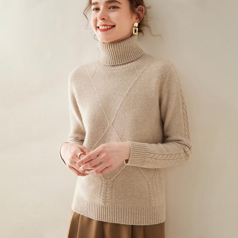 Cashmere Women's High-Neck Diamond Pattern Knit Sweater - Thickened Base Layer for Autumn/Winter Fashion