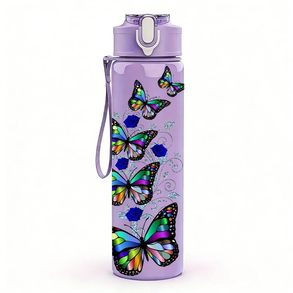 1PC Rainbow Butterfly Art Pattern 750ml Color Plastic Sports Water Bottle Leakproof Flip Straw Lid Suitable for Sports Office Home Use