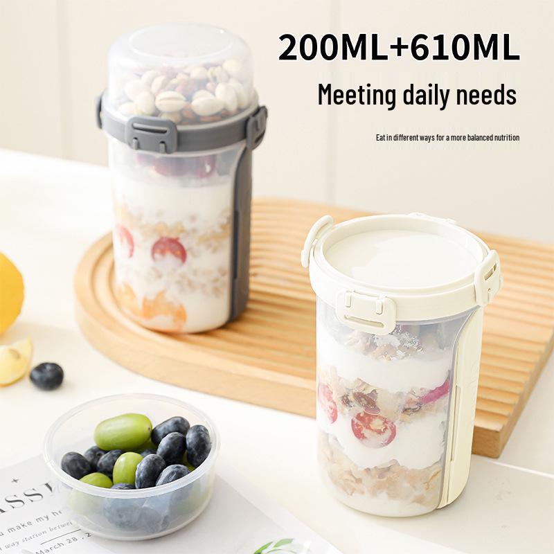Portable Oatmeal & Yogurt Cup with Spoon and Sealed Lid: Double-Layer Breakfast or Salad Cup for Students and Light Meals.