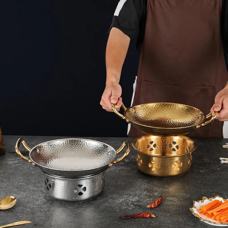 Thickened stainless steel dry pot set with snowflake hammer pattern pot, gold double ear household and commercial dry pot