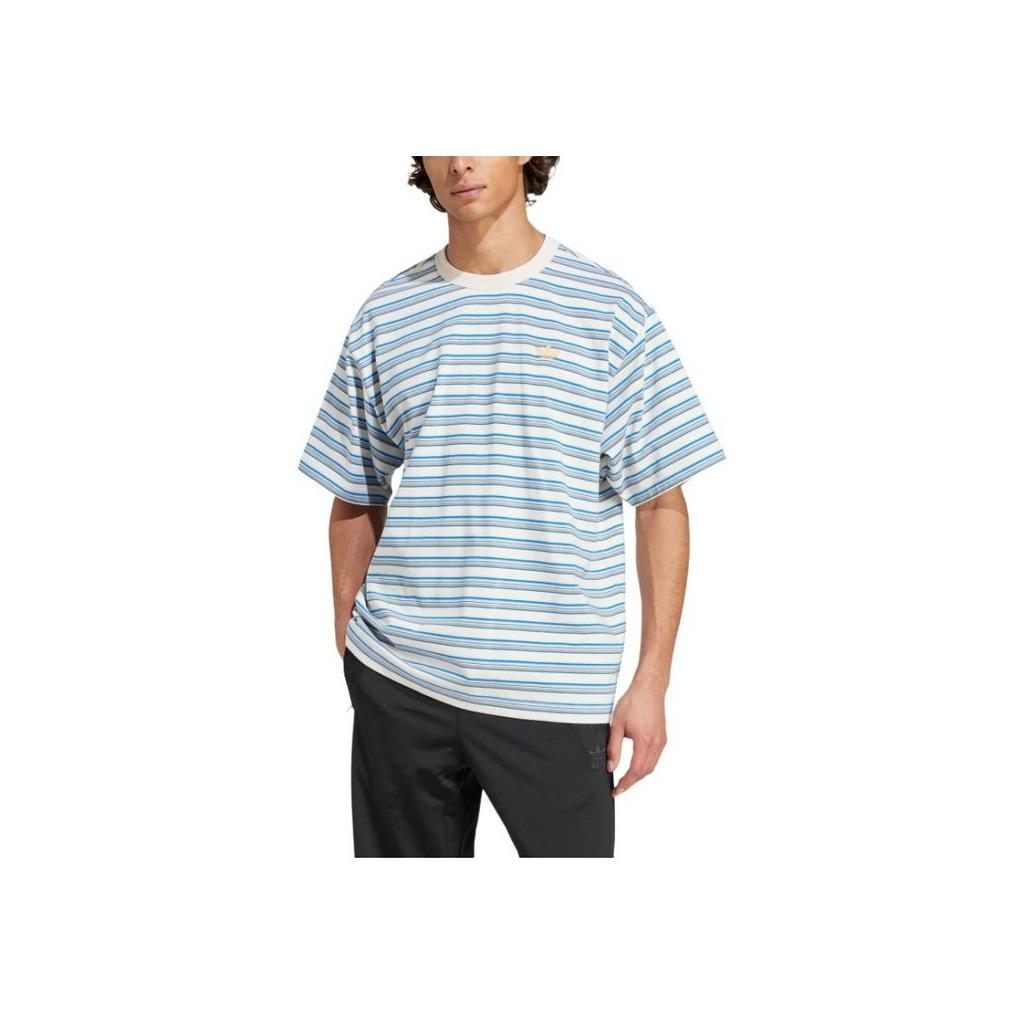 Adidas Originals Stripe T-Shirt Fashion Versatile Round Neck Short Sleeve Men Tops White Blue Light-Orange KB8355