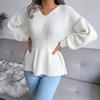 Women's Autumn/winter Lantern Sleeve Tucked Waist Hem Ruffled Knit Sweater