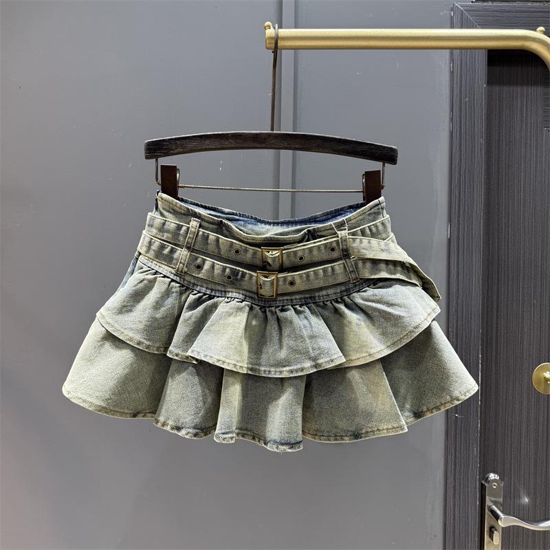 Summer ruffle edge denim skirt female retro spice girl age reduction and thin anti-light a-word pleated skirt