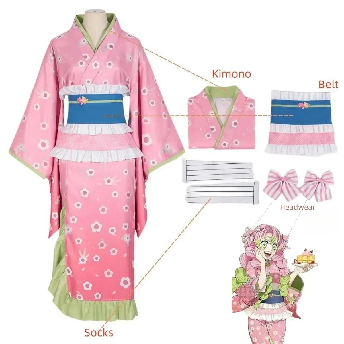 Nieuwe Mode Kanroji Mitsuri Cosplay Kostuum Roze Kimono Jurk Outfits Halloween Carnaval Feest Verkleedpak Vrouwen Pakken L white