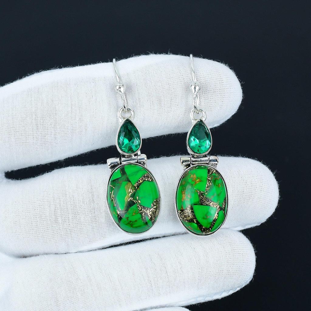 Green Copper Turquoise & Green Apatite Earrings Earrings, 925 Sterling Silver Earrings, Antique Jewelry, Dangle Drop Earrings For Love Gifts